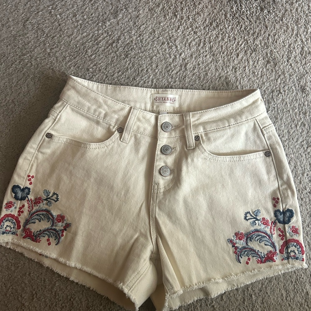 Shyanne Cream Denim Shorts with Blue and Pink Embroidery